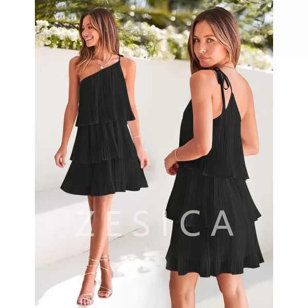imageZESICA Womens 2024 Boho Summer One Shoulder Sleeveless Ruffle Tiered Layered Chiffon Pleated A Line Flowy Mini DressBlack