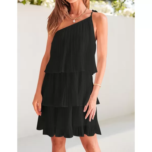 imageZESICA Womens 2024 Boho Summer One Shoulder Sleeveless Ruffle Tiered Layered Chiffon Pleated A Line Flowy Mini DressBlack