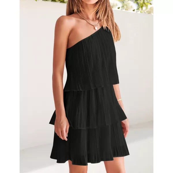 imageZESICA Womens 2024 Boho Summer One Shoulder Sleeveless Ruffle Tiered Layered Chiffon Pleated A Line Flowy Mini DressBlack