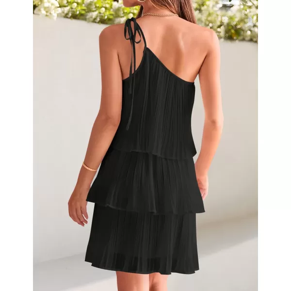 imageZESICA Womens 2024 Boho Summer One Shoulder Sleeveless Ruffle Tiered Layered Chiffon Pleated A Line Flowy Mini DressBlack
