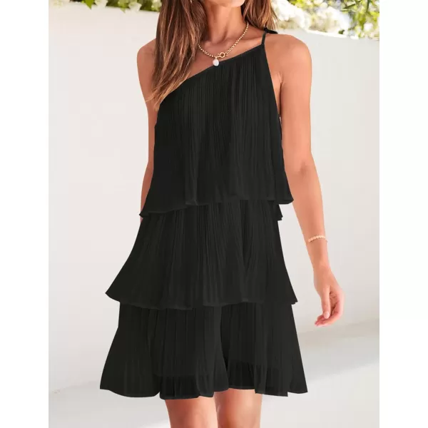imageZESICA Womens 2024 Boho Summer One Shoulder Sleeveless Ruffle Tiered Layered Chiffon Pleated A Line Flowy Mini DressBlack