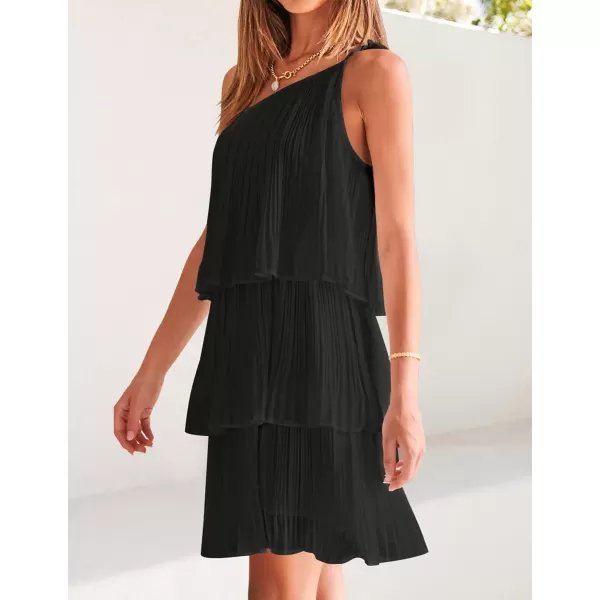 imageZESICA Womens 2024 Boho Summer One Shoulder Sleeveless Ruffle Tiered Layered Chiffon Pleated A Line Flowy Mini DressBlack