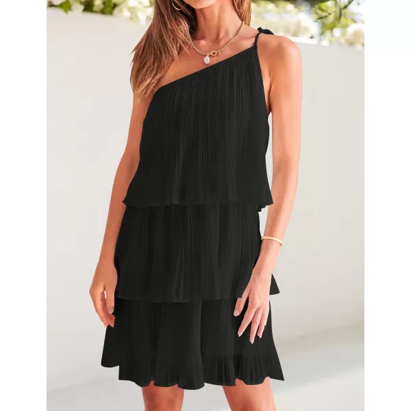 imageZESICA Womens 2024 Boho Summer One Shoulder Sleeveless Ruffle Tiered Layered Chiffon Pleated A Line Flowy Mini DressBlack