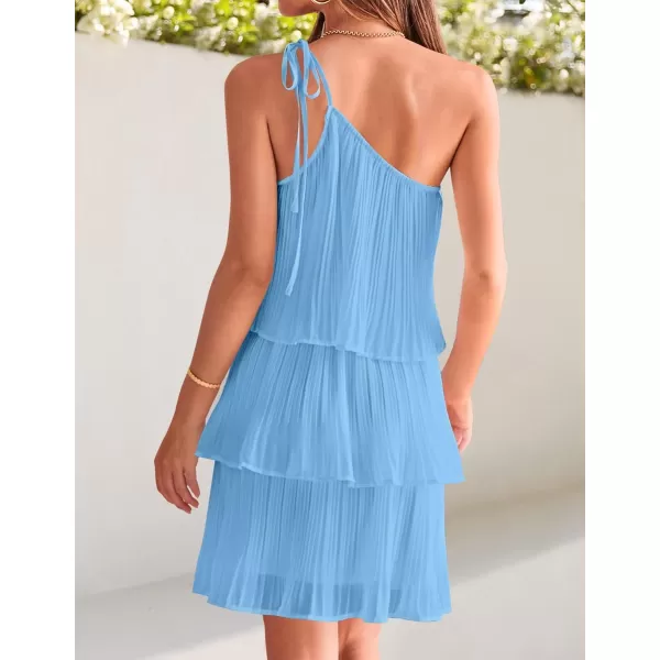 imageZESICA Womens 2024 Boho Summer One Shoulder Sleeveless Ruffle Tiered Layered Chiffon Pleated A Line Flowy Mini DressBlue