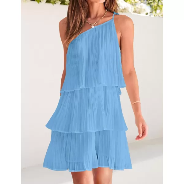 imageZESICA Womens 2024 Boho Summer One Shoulder Sleeveless Ruffle Tiered Layered Chiffon Pleated A Line Flowy Mini DressBlue
