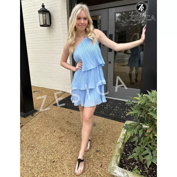 imageZESICA Womens 2024 Boho Summer One Shoulder Sleeveless Ruffle Tiered Layered Chiffon Pleated A Line Flowy Mini DressBlue