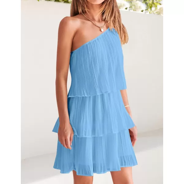 imageZESICA Womens 2024 Boho Summer One Shoulder Sleeveless Ruffle Tiered Layered Chiffon Pleated A Line Flowy Mini DressBlue
