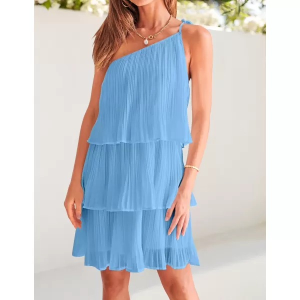 imageZESICA Womens 2024 Boho Summer One Shoulder Sleeveless Ruffle Tiered Layered Chiffon Pleated A Line Flowy Mini DressBlue