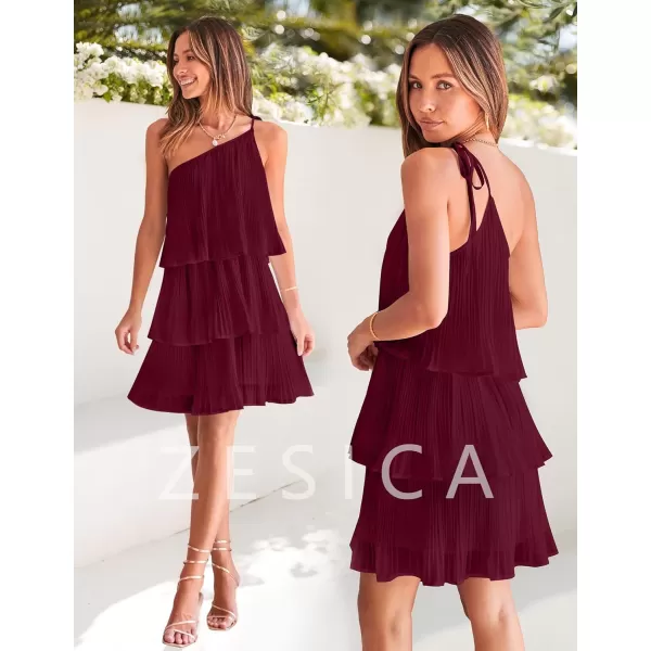 imageZESICA Womens 2024 Boho Summer One Shoulder Sleeveless Ruffle Tiered Layered Chiffon Pleated A Line Flowy Mini DressFuchsia