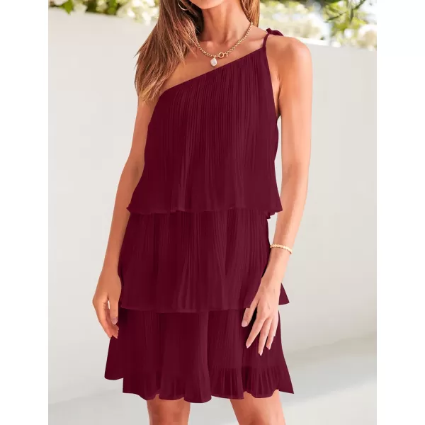 imageZESICA Womens 2024 Boho Summer One Shoulder Sleeveless Ruffle Tiered Layered Chiffon Pleated A Line Flowy Mini DressFuchsia