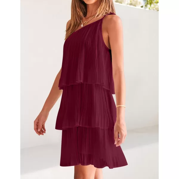 imageZESICA Womens 2024 Boho Summer One Shoulder Sleeveless Ruffle Tiered Layered Chiffon Pleated A Line Flowy Mini DressFuchsia