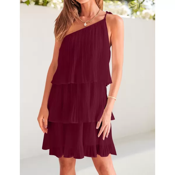 imageZESICA Womens 2024 Boho Summer One Shoulder Sleeveless Ruffle Tiered Layered Chiffon Pleated A Line Flowy Mini DressFuchsia