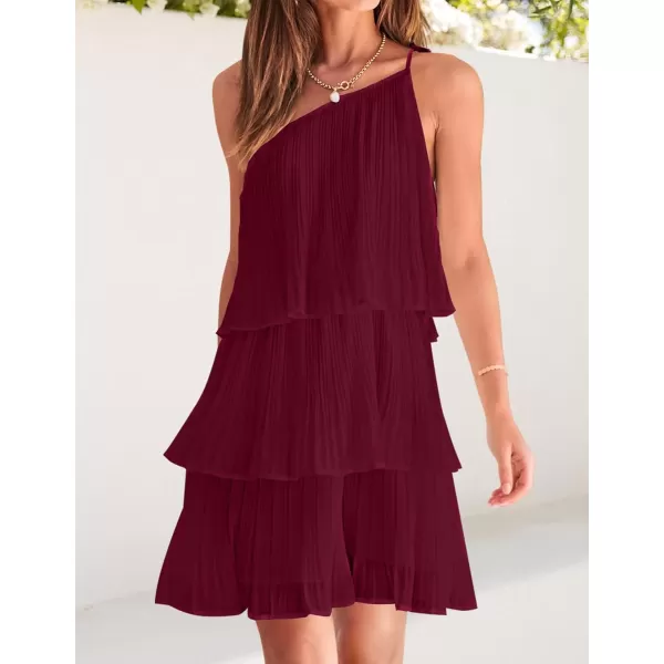 imageZESICA Womens 2024 Boho Summer One Shoulder Sleeveless Ruffle Tiered Layered Chiffon Pleated A Line Flowy Mini DressFuchsia