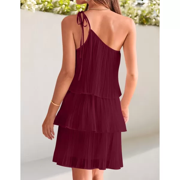 imageZESICA Womens 2024 Boho Summer One Shoulder Sleeveless Ruffle Tiered Layered Chiffon Pleated A Line Flowy Mini DressFuchsia