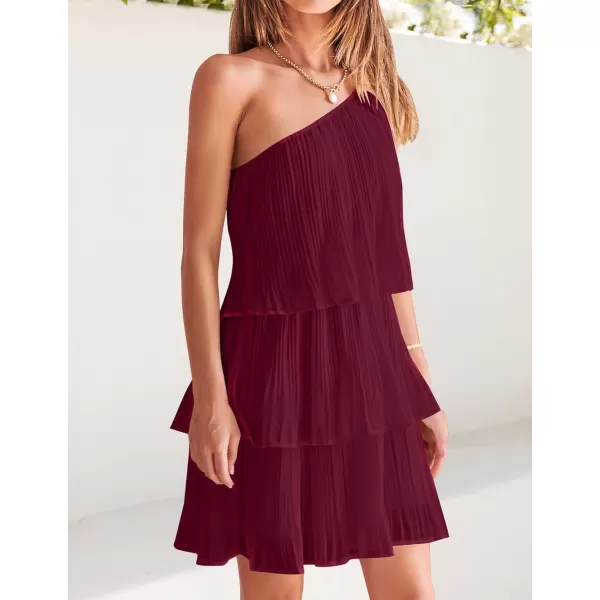 imageZESICA Womens 2024 Boho Summer One Shoulder Sleeveless Ruffle Tiered Layered Chiffon Pleated A Line Flowy Mini DressFuchsia