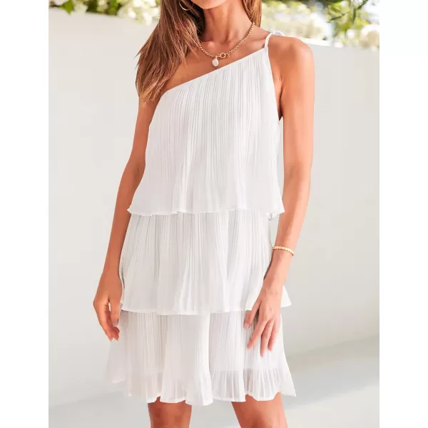 imageZESICA Womens 2024 Boho Summer One Shoulder Sleeveless Ruffle Tiered Layered Chiffon Pleated A Line Flowy Mini DressIvory