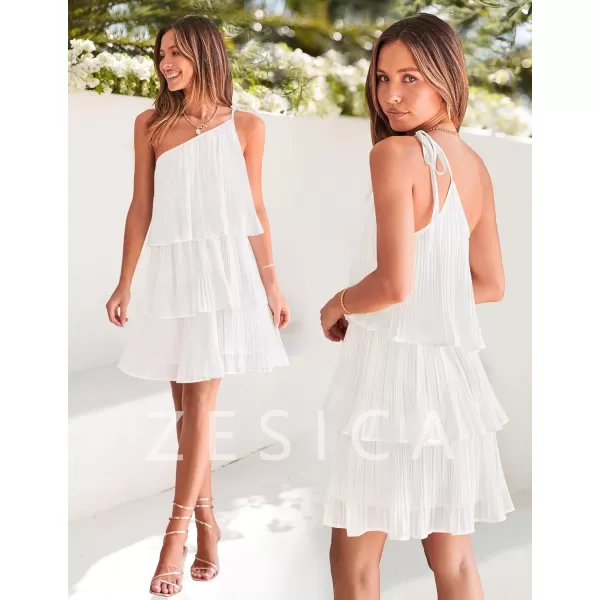 imageZESICA Womens 2024 Boho Summer One Shoulder Sleeveless Ruffle Tiered Layered Chiffon Pleated A Line Flowy Mini DressIvory