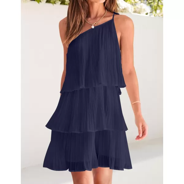 imageZESICA Womens 2024 Boho Summer One Shoulder Sleeveless Ruffle Tiered Layered Chiffon Pleated A Line Flowy Mini DressNavy