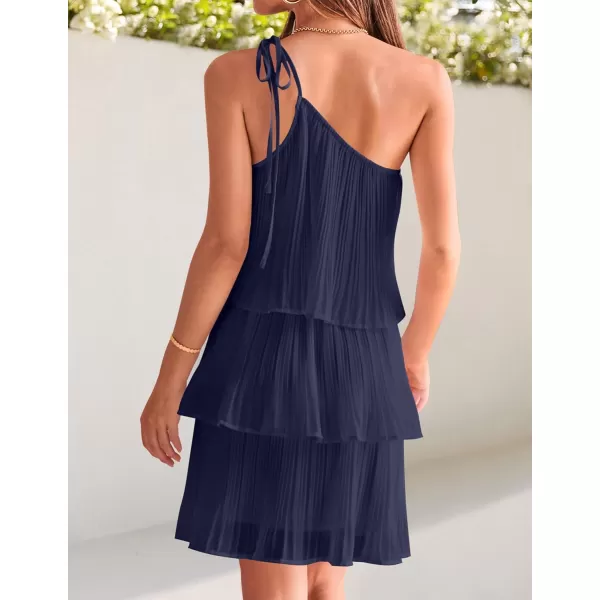 imageZESICA Womens 2024 Boho Summer One Shoulder Sleeveless Ruffle Tiered Layered Chiffon Pleated A Line Flowy Mini DressNavy