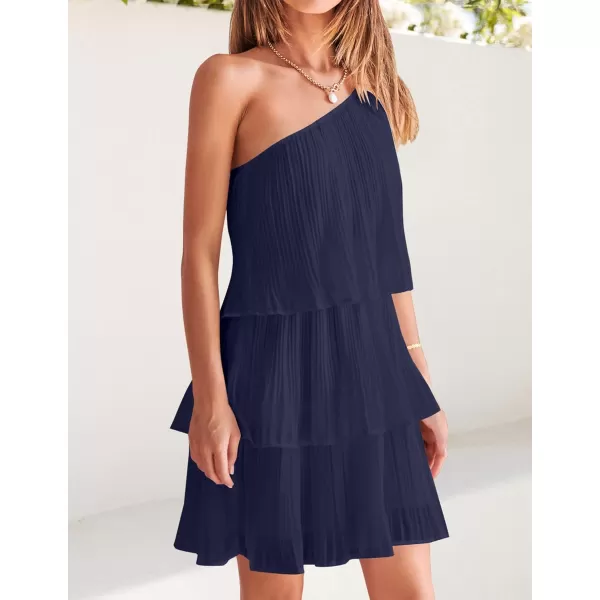 imageZESICA Womens 2024 Boho Summer One Shoulder Sleeveless Ruffle Tiered Layered Chiffon Pleated A Line Flowy Mini DressNavy