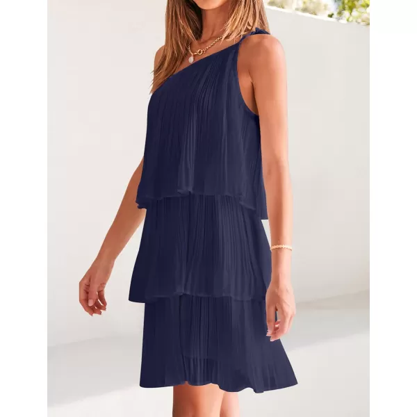 imageZESICA Womens 2024 Boho Summer One Shoulder Sleeveless Ruffle Tiered Layered Chiffon Pleated A Line Flowy Mini DressNavy