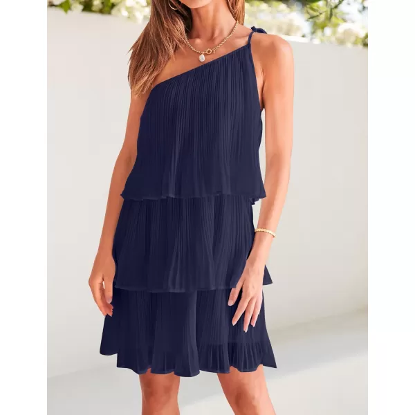 imageZESICA Womens 2024 Boho Summer One Shoulder Sleeveless Ruffle Tiered Layered Chiffon Pleated A Line Flowy Mini DressNavy