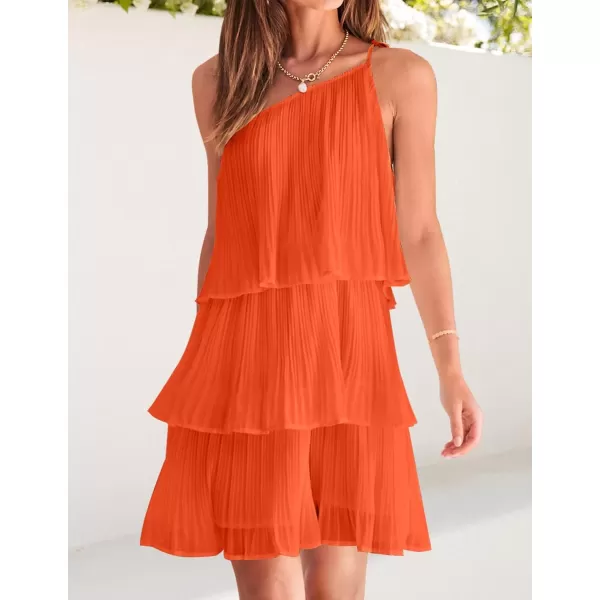 imageZESICA Womens 2024 Boho Summer One Shoulder Sleeveless Ruffle Tiered Layered Chiffon Pleated A Line Flowy Mini DressOrange