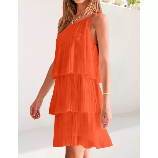 imageZESICA Womens 2024 Boho Summer One Shoulder Sleeveless Ruffle Tiered Layered Chiffon Pleated A Line Flowy Mini DressOrange