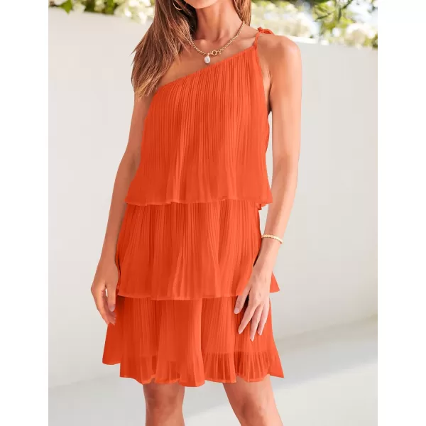 imageZESICA Womens 2024 Boho Summer One Shoulder Sleeveless Ruffle Tiered Layered Chiffon Pleated A Line Flowy Mini DressOrange