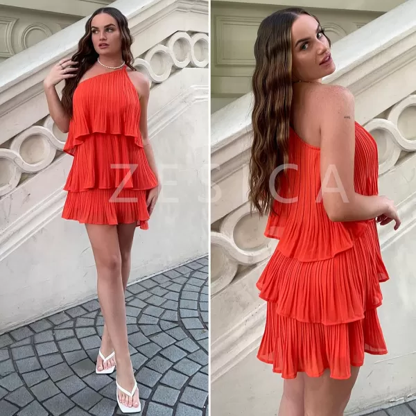 imageZESICA Womens 2024 Boho Summer One Shoulder Sleeveless Ruffle Tiered Layered Chiffon Pleated A Line Flowy Mini DressOrange
