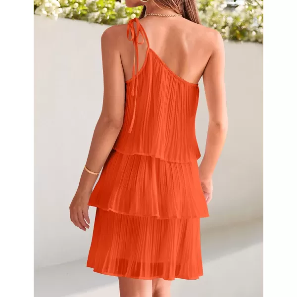 imageZESICA Womens 2024 Boho Summer One Shoulder Sleeveless Ruffle Tiered Layered Chiffon Pleated A Line Flowy Mini DressOrange