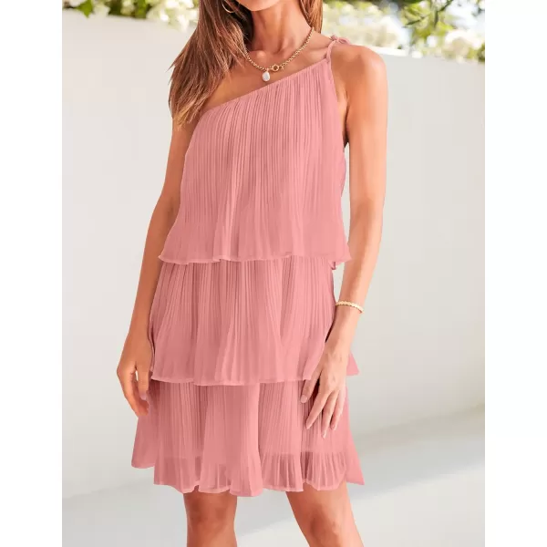 imageZESICA Womens 2024 Boho Summer One Shoulder Sleeveless Ruffle Tiered Layered Chiffon Pleated A Line Flowy Mini DressPink