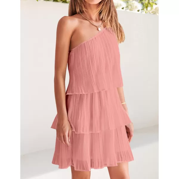 imageZESICA Womens 2024 Boho Summer One Shoulder Sleeveless Ruffle Tiered Layered Chiffon Pleated A Line Flowy Mini DressPink