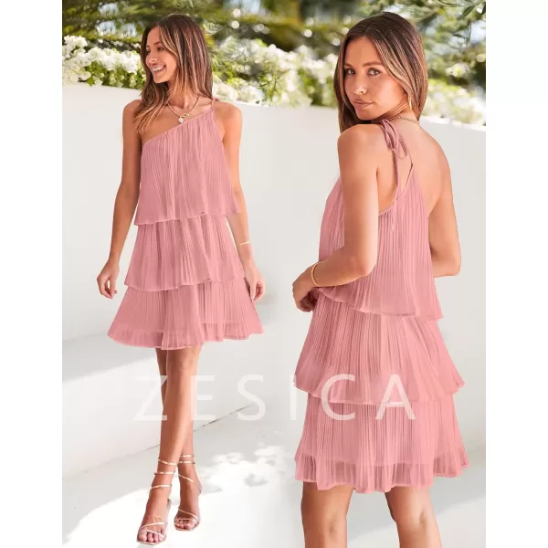 imageZESICA Womens 2024 Boho Summer One Shoulder Sleeveless Ruffle Tiered Layered Chiffon Pleated A Line Flowy Mini DressPink