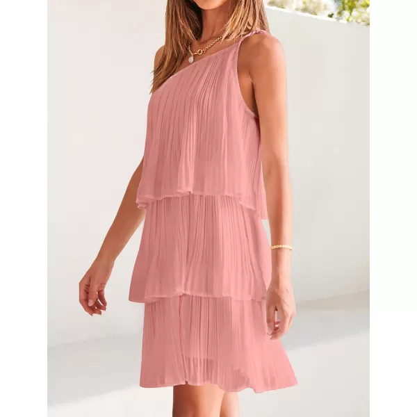 imageZESICA Womens 2024 Boho Summer One Shoulder Sleeveless Ruffle Tiered Layered Chiffon Pleated A Line Flowy Mini DressPink