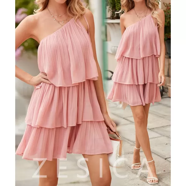 imageZESICA Womens 2024 Boho Summer One Shoulder Sleeveless Ruffle Tiered Layered Chiffon Pleated A Line Flowy Mini DressPink