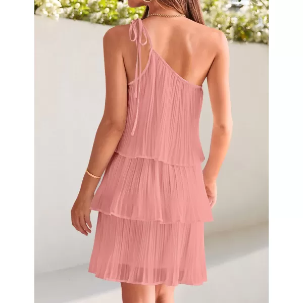 imageZESICA Womens 2024 Boho Summer One Shoulder Sleeveless Ruffle Tiered Layered Chiffon Pleated A Line Flowy Mini DressPink