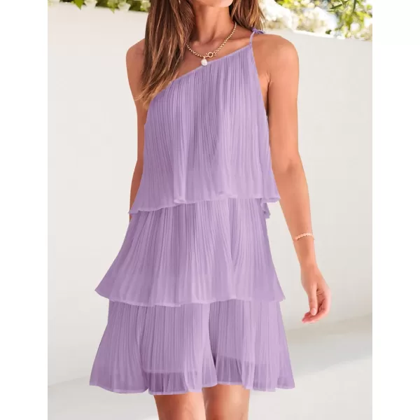imageZESICA Womens 2024 Boho Summer One Shoulder Sleeveless Ruffle Tiered Layered Chiffon Pleated A Line Flowy Mini DressPurple