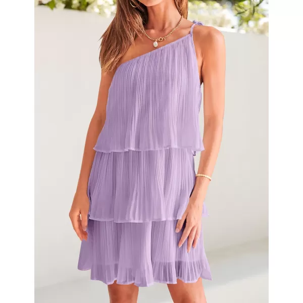 imageZESICA Womens 2024 Boho Summer One Shoulder Sleeveless Ruffle Tiered Layered Chiffon Pleated A Line Flowy Mini DressPurple