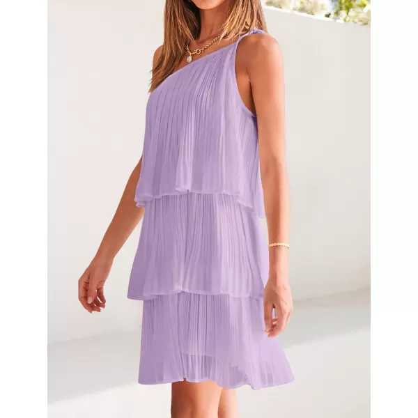 imageZESICA Womens 2024 Boho Summer One Shoulder Sleeveless Ruffle Tiered Layered Chiffon Pleated A Line Flowy Mini DressPurple