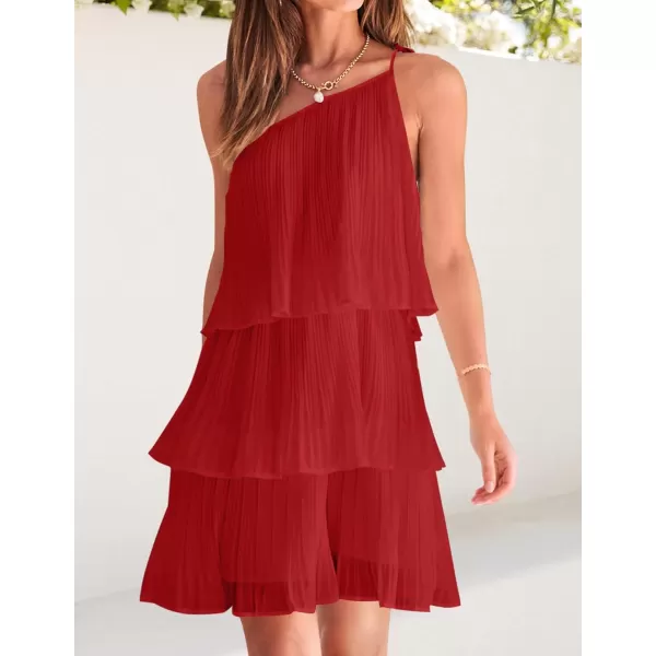 imageZESICA Womens 2024 Boho Summer One Shoulder Sleeveless Ruffle Tiered Layered Chiffon Pleated A Line Flowy Mini DressRed