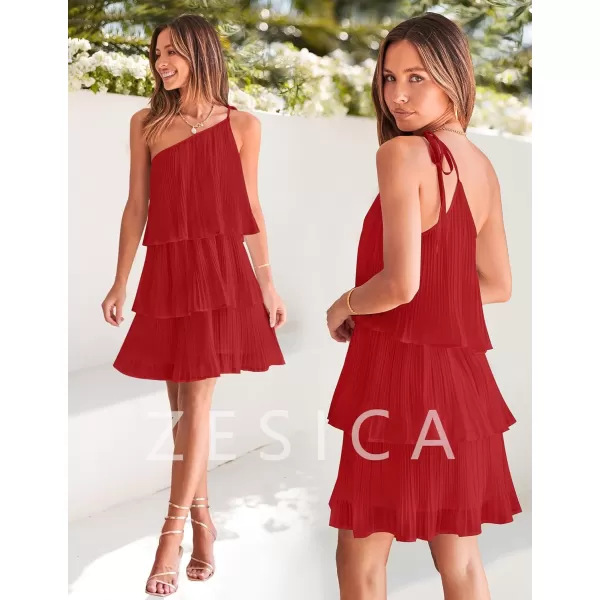 imageZESICA Womens 2024 Boho Summer One Shoulder Sleeveless Ruffle Tiered Layered Chiffon Pleated A Line Flowy Mini DressRed