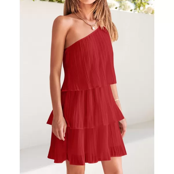 imageZESICA Womens 2024 Boho Summer One Shoulder Sleeveless Ruffle Tiered Layered Chiffon Pleated A Line Flowy Mini DressRed
