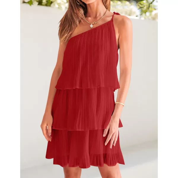 imageZESICA Womens 2024 Boho Summer One Shoulder Sleeveless Ruffle Tiered Layered Chiffon Pleated A Line Flowy Mini DressRed
