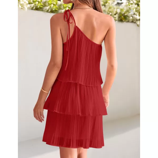 imageZESICA Womens 2024 Boho Summer One Shoulder Sleeveless Ruffle Tiered Layered Chiffon Pleated A Line Flowy Mini DressRed