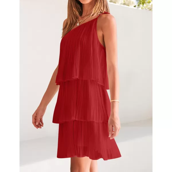 imageZESICA Womens 2024 Boho Summer One Shoulder Sleeveless Ruffle Tiered Layered Chiffon Pleated A Line Flowy Mini DressRed