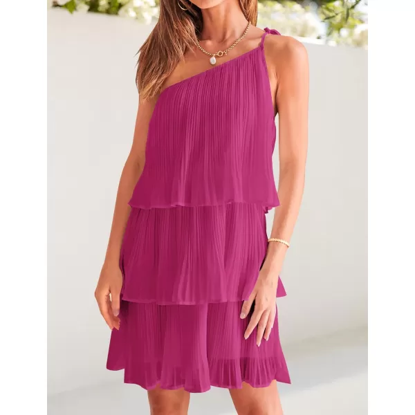 imageZESICA Womens 2024 Boho Summer One Shoulder Sleeveless Ruffle Tiered Layered Chiffon Pleated A Line Flowy Mini DressRose