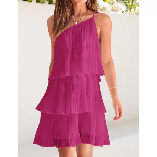 imageZESICA Womens 2024 Boho Summer One Shoulder Sleeveless Ruffle Tiered Layered Chiffon Pleated A Line Flowy Mini DressRose