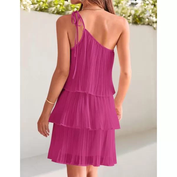 imageZESICA Womens 2024 Boho Summer One Shoulder Sleeveless Ruffle Tiered Layered Chiffon Pleated A Line Flowy Mini DressRose