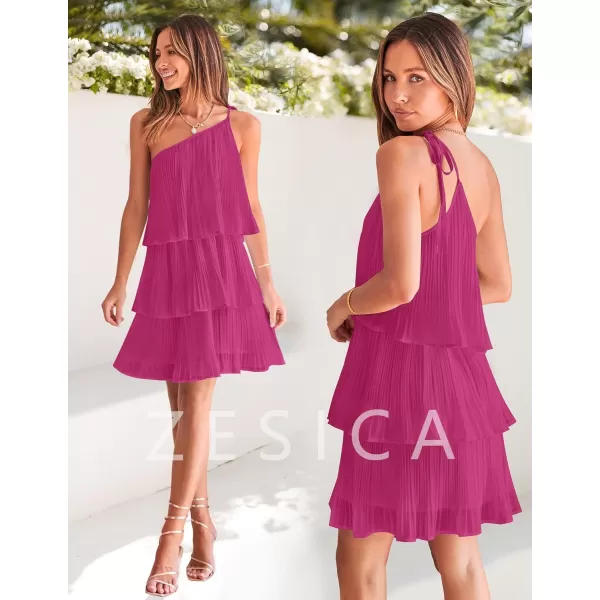 imageZESICA Womens 2024 Boho Summer One Shoulder Sleeveless Ruffle Tiered Layered Chiffon Pleated A Line Flowy Mini DressRose